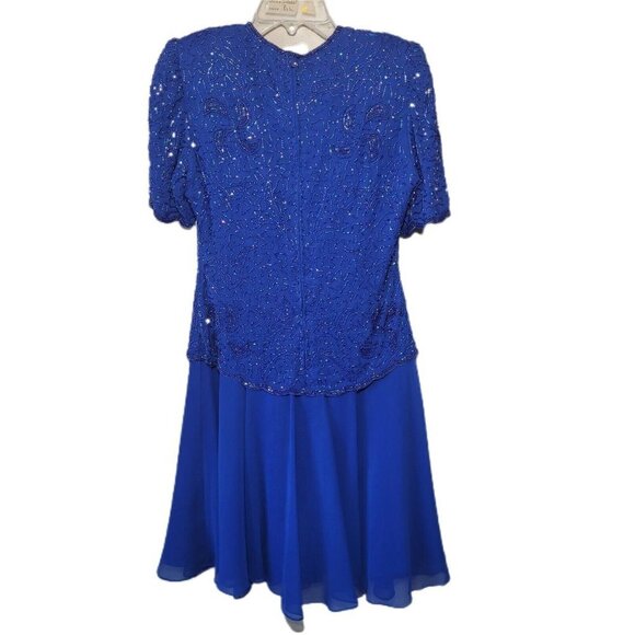 Vintage Brilliante By JA Women’s Blue Dress Sz P/S Beaded Scalloped Hem Lined - Picture 3 of 10